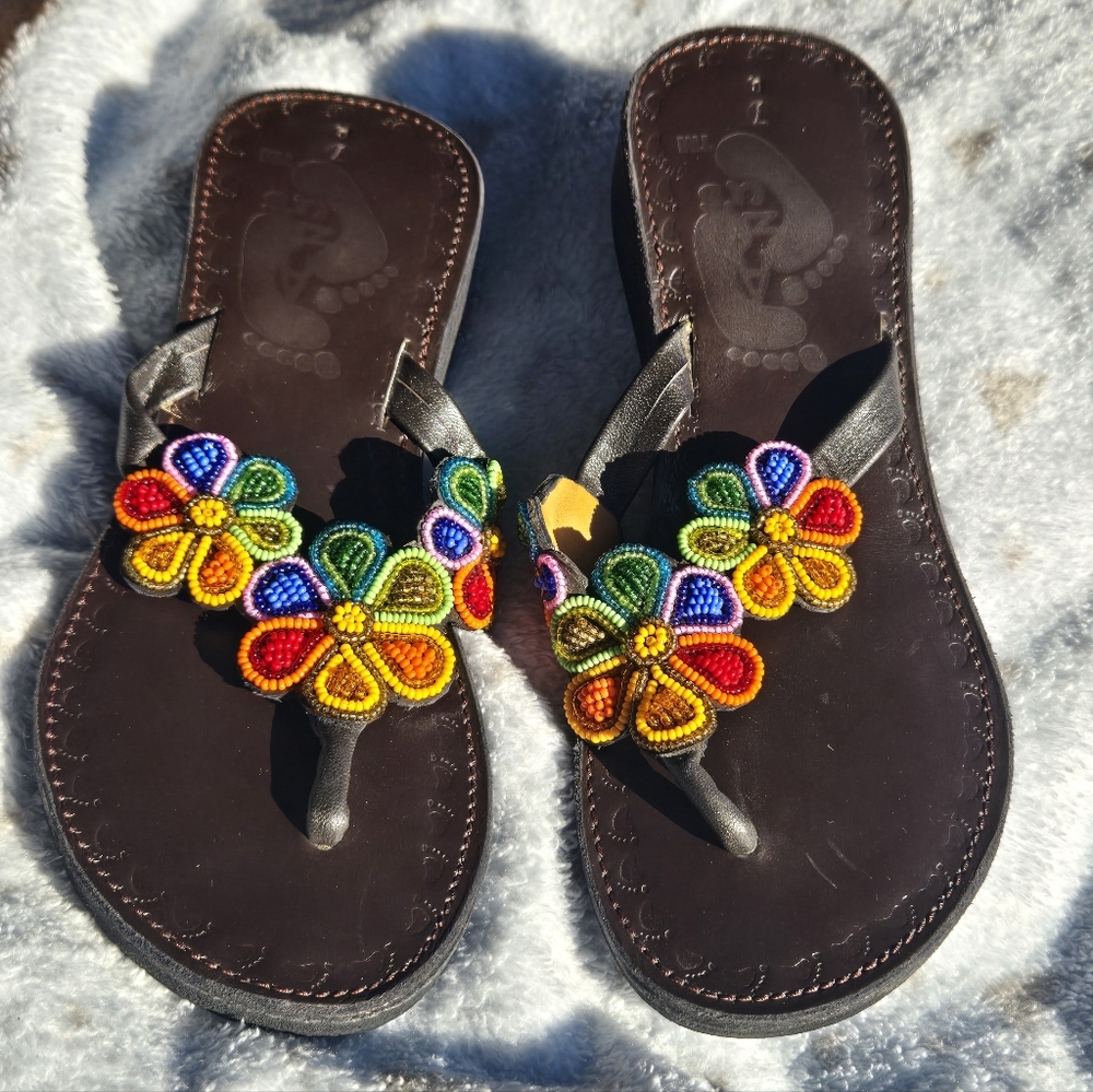 Azus leather floral beaded flip flops 7